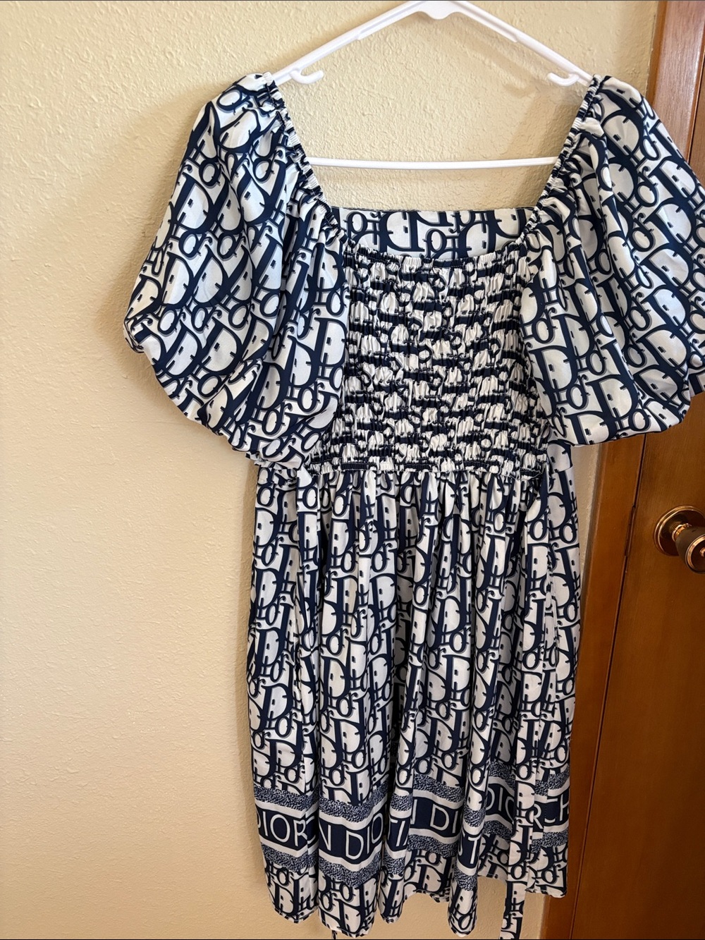 Blue & White Monogram Puff-Sleeve Dress